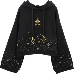 Flared Long-Sleeved Gypsophila Print Lightning Hooded Sweatshirt - Black - View 1