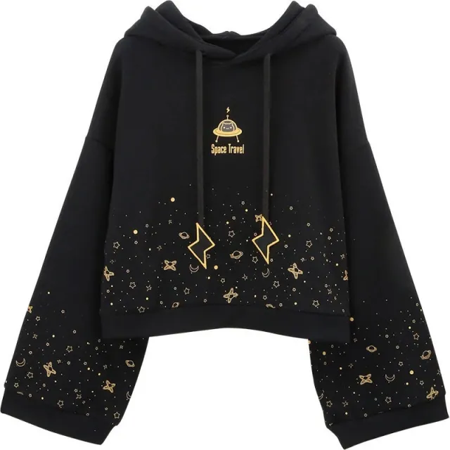Flared Long Sleeved Gypsophila Print Lightning Hooded Sweatshirt Black - Shop at LoveMi