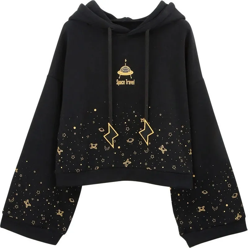 Flared Long-Sleeved Gypsophila Print Lightning Hooded Sweatshirt - Black