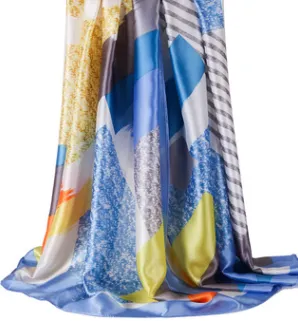 Printed Lady'S Scarf With Silk Satin Line And Colour Block Blue - Shop at LoveMi
