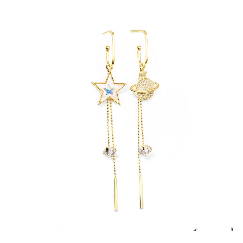 925 Silver Needle Pentagram Earth Tassel Asymmetrical Earrings