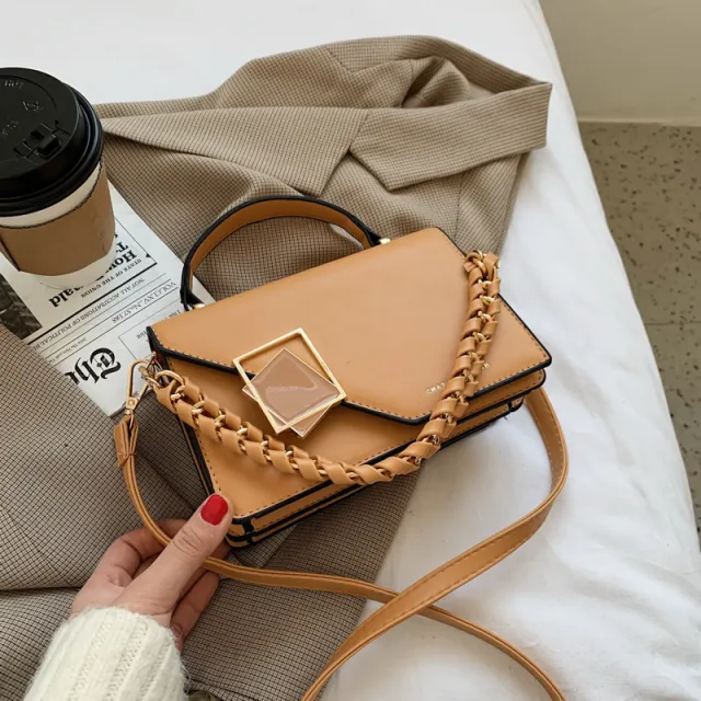 Korean Version Of The Popular Lock Small Square Bag Brown - Shop at LoveMi