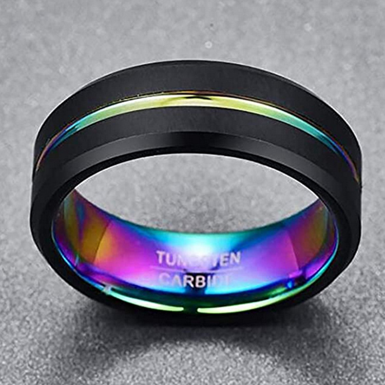 Two-Tone Men'S Jewelry 8Mm Wide Slotted Blue And Black Tungsten Steel Ring Jewelry — foto 8