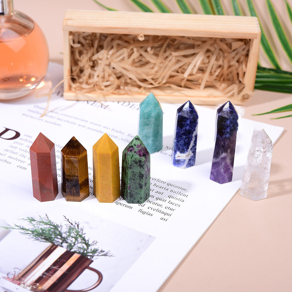 Donghai Natural Crystal Single Pointed Column Set White Crystal Crystal Eight-Color Wooden Box