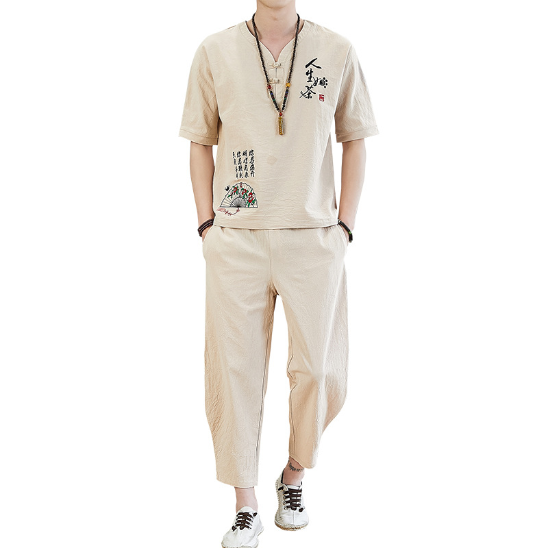 Embroidered Retro Cotton And Linen Short-sleeved T-shirt Casual Loose Trend Tang Suit