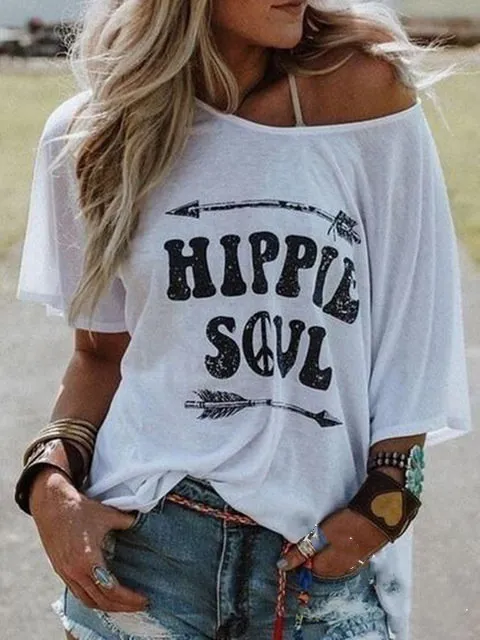 Letter Print Casual Round Neck Short Sleeved T Shirt White - Shop at LoveMi