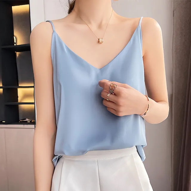V Neck White Acetate Silk Satin Sexy Bottoming Suit With Inner And Outer Jacket Light Blue - Shop at LoveMi