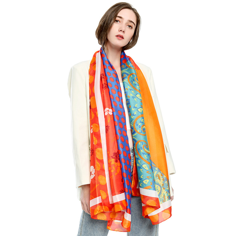 Silk Satin Cashew Flower Polka Dot Print Stitching Scarf