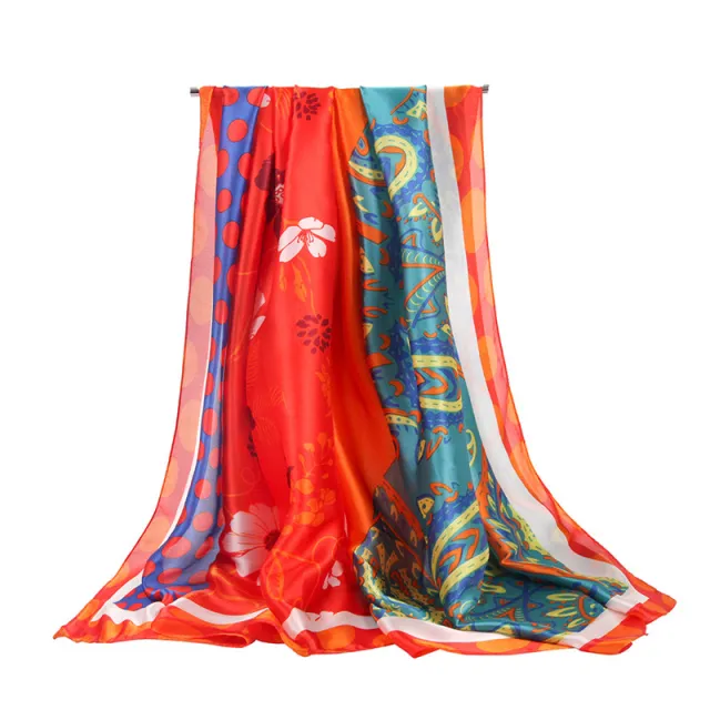 Silk Satin Cashew Flower Polka Dot Print Stitching Scarf Red - Shop at LoveMi