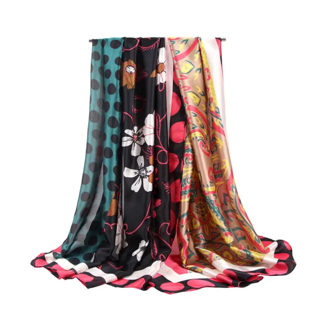 Silk Satin Cashew Flower Polka Dot Print Stitching Scarf Black - Shop at LoveMi