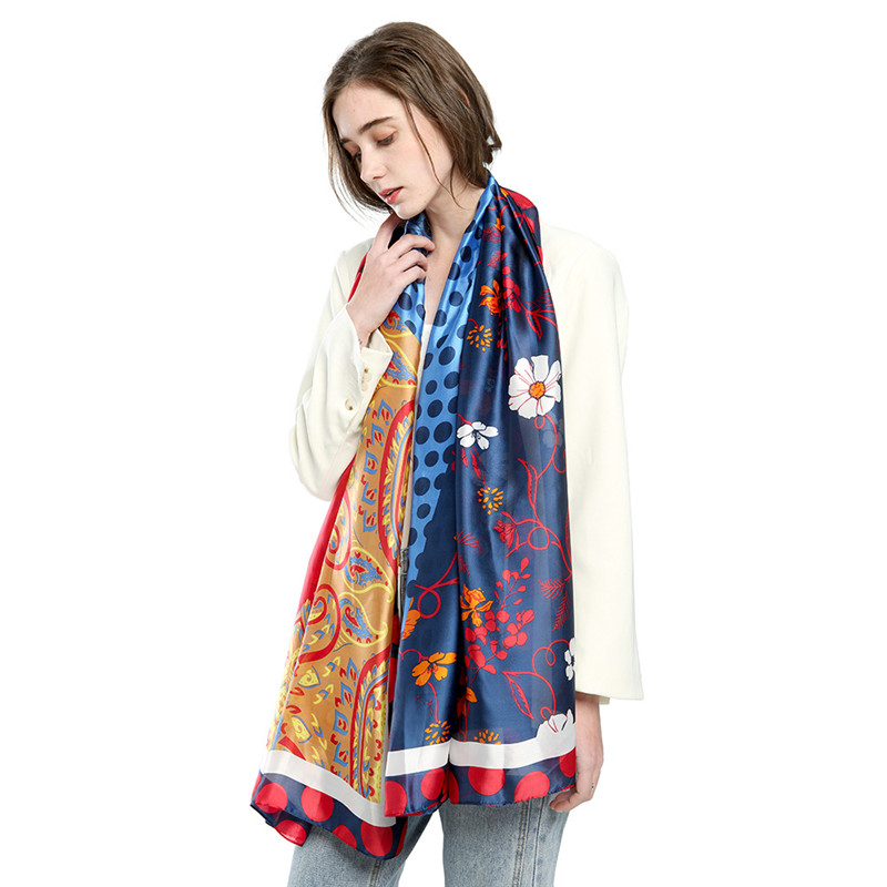 Silk Satin Cashew Flower Polka Dot Print Stitching Scarf