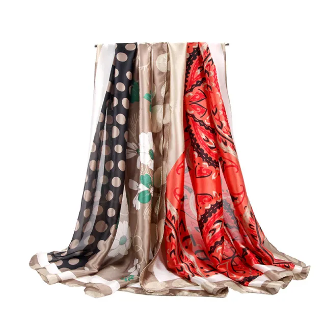 Silk Satin Cashew Flower Polka Dot Print Stitching Scarf Khaki - Shop at LoveMi