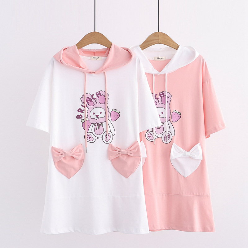 College Style Cute Women's Clothing Summer New Short-Sleeved Cute Cartoon Hooded T-Shirt Student Loose T