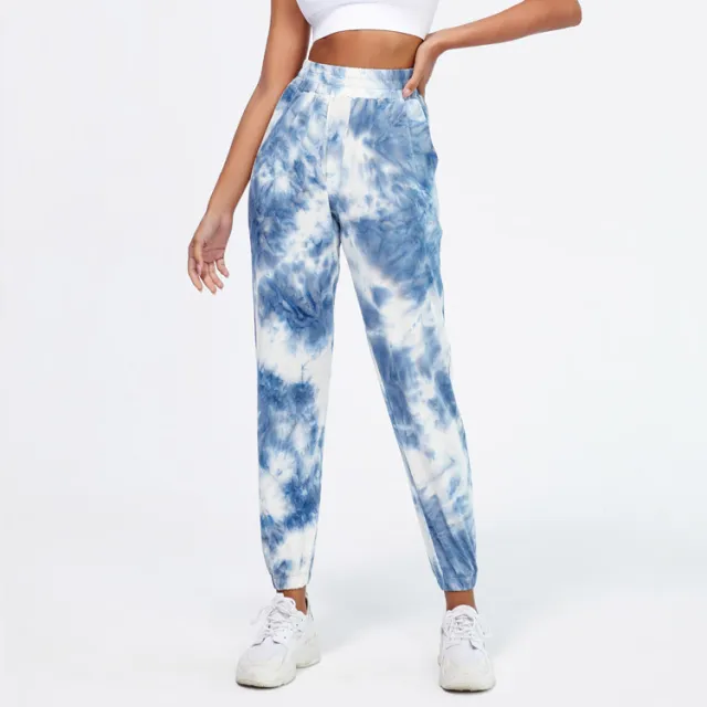 New Net Celebrity Cross Border European And American Loose Casual Slim Trousers Sports Running Printed Pocket Yoga Pants Women Blue - Shop at LoveMi