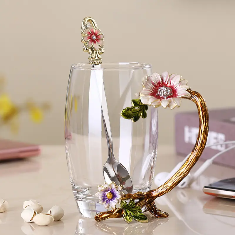 Light Luxury Enamel Water Cup Tea Cup Household High Temperature Resistant Crystal Glass Flower Tea Cup