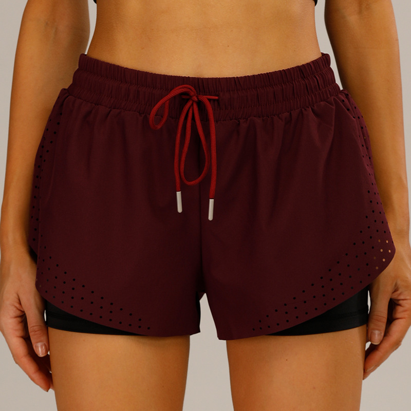 Ladies Double Layer Fake Two Piece Sports Yoga Fitness Pants Fuchsia - Shop at LoveMi