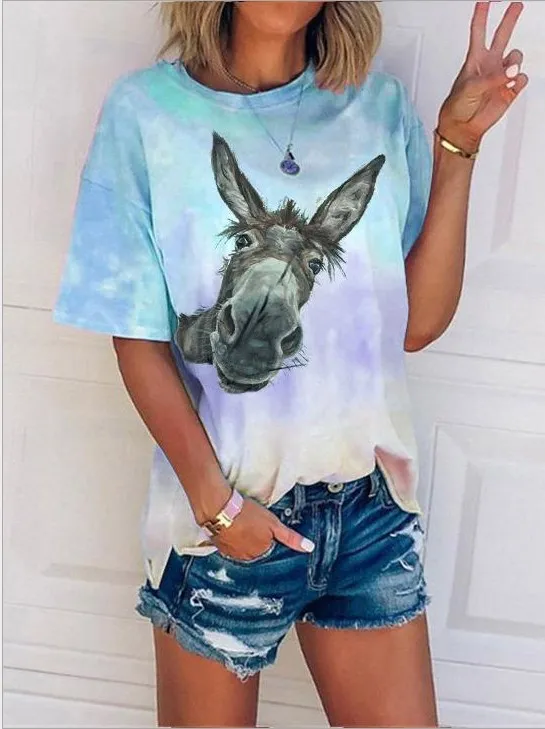 Tie Dye Gradient Print Loose T shirt Women's Top Blue - Shop at LoveMi