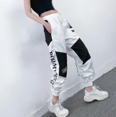 High Waist Letter Spliced Cargo Pants Women Loose Harajuku - Black - View 1