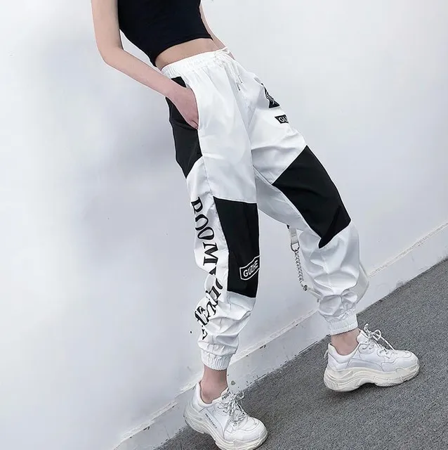 High Waist Letter Spliced Cargo Pants Women Loose Harajuku Black - Shop at LoveMi