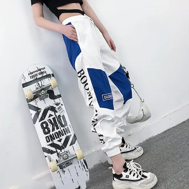 High Waist Letter Spliced Cargo Pants Women Loose Harajuku Blue - Shop at LoveMi