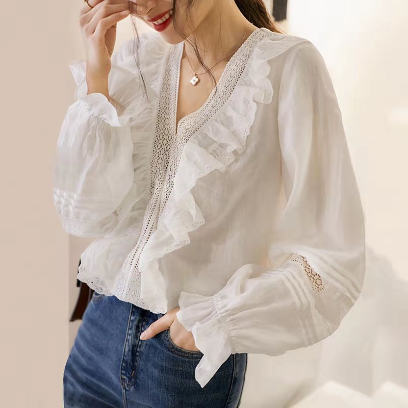 The New Baroque Palace Style  And Sweet Ramie Ruffled Hollow Shirt