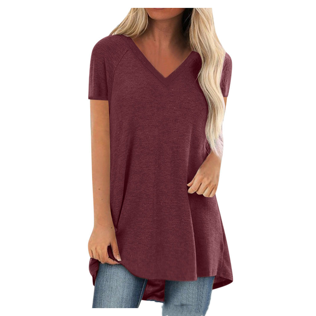 Spring And Summer New Solid Color V-Neck Loose Pullover Short Sleeves