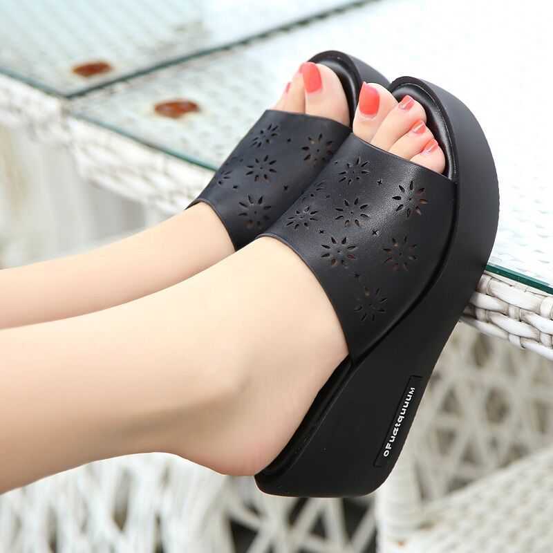 Women'S Sandals And Slippers, Slope Heel Hollow, Non Slip Fish Mouth, Thick Bottom Black - Shop at LoveMi