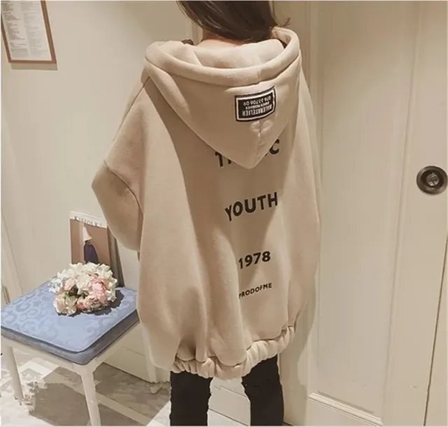 Loose Hooded Oversized Zipper Thickened Plus Fleece Sweater Apricot - Shop at LoveMi
