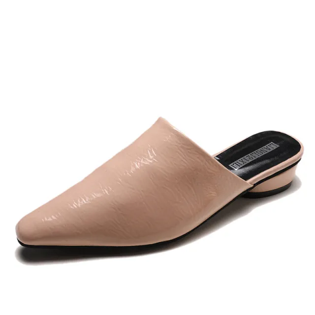 Womens Flats Shoes Mules Slides Pu Leather Slides Low Heels Pointed Toe Slippers Beige - Shop at LoveMi