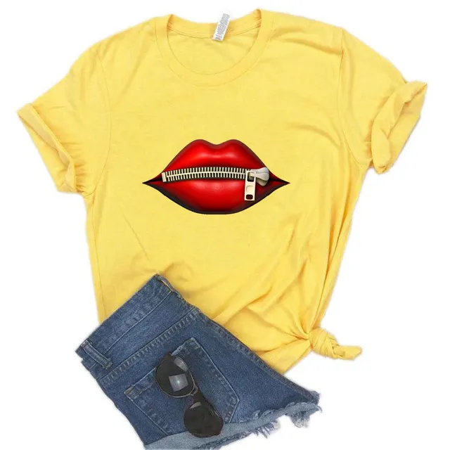Lips Zipper Short Sleeved T Shirt Men's And Women's Short Sleeved Tops Yellow - Shop at LoveMi