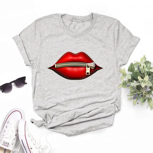 Lips Zipper Short Sleeved T Shirt Men's And Women's Short Sleeved Tops Grey - Shop at LoveMi