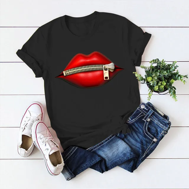 Lips Zipper Short Sleeved T Shirt Men's And Women's Short Sleeved Tops - Black