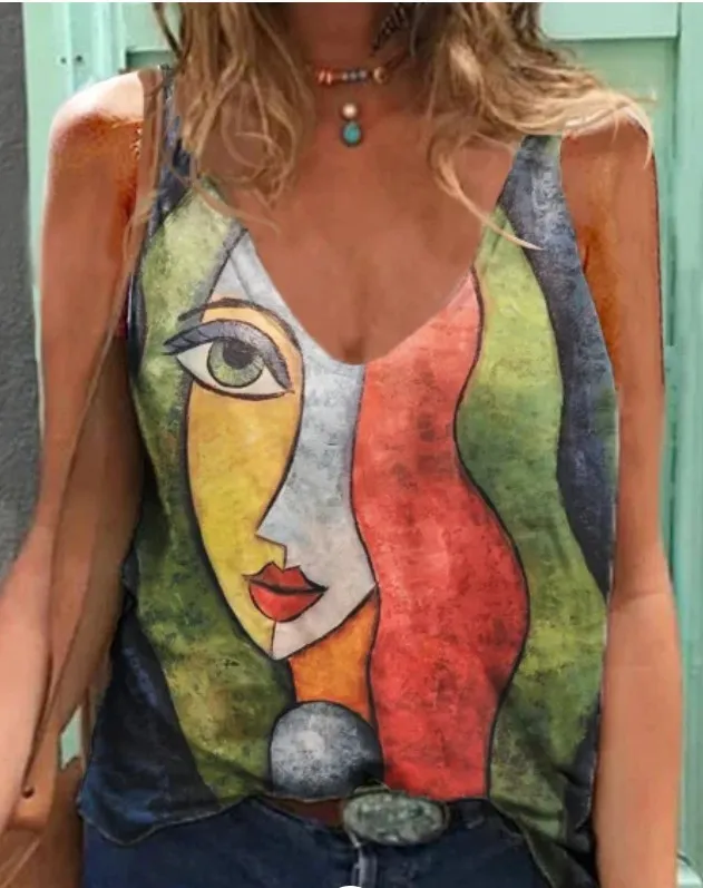 New Style Abstract Character Printing V Neck Pullover Sling Women's Clothing Colorful - Shop at LoveMi