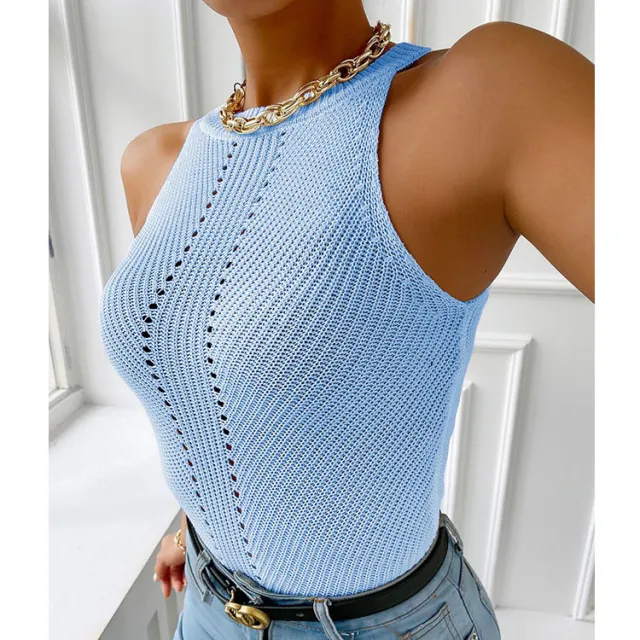 Hollow Round Neck Pullover Knit Solid Color Vest Blue - Shop at LoveMi