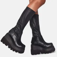 Ladies Fashion Platform Boots Chunky Heel Wedges Mid Calf Women - Black - View 1