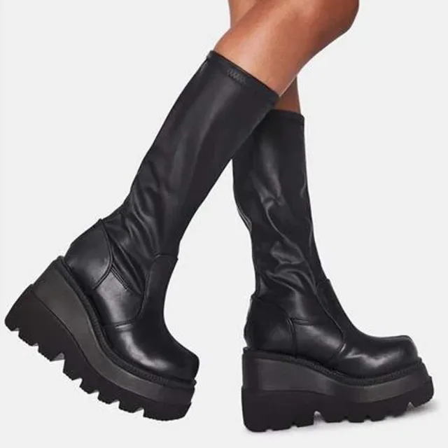 Ladies Fashion Platform Boots Chunky Heel Wedges Mid Calf Women Black - Shop at LoveMi