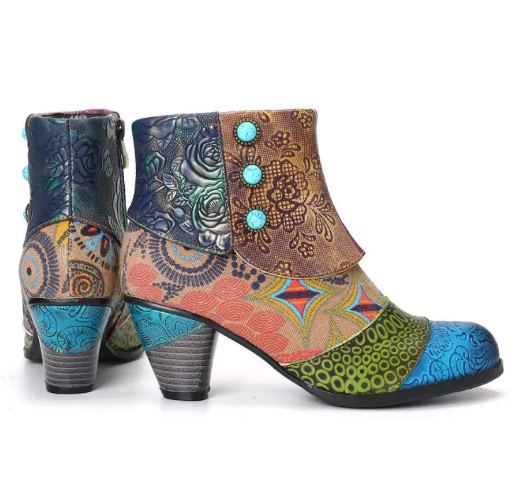British-Style Floral Matching Shoes With Round Head And Square Heels