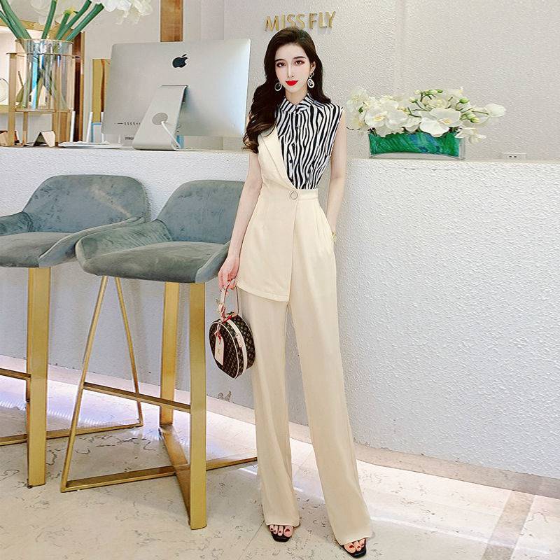 Zebra Pattern Stitching Irregular Suit Jumpsuit Trousers Women