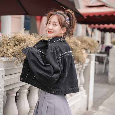 Women's Beaded Black Loose Fashionable Denim Jacket Short High Waisted Top