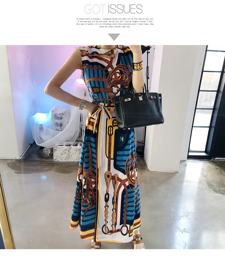  Summer High Quality 2 Piece Set Women'S Sleeveless Vintage Printed Chiffon Irregular Shirt Top And Lace-Up Long Skirt