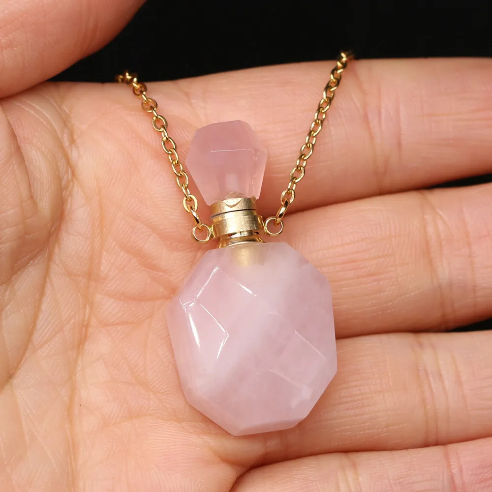Natural Stone Necklace Crystal Perfume Bottle Pendant Diy Jewelry Fashion Exquisite Small Bottle Production - Stainless Steel