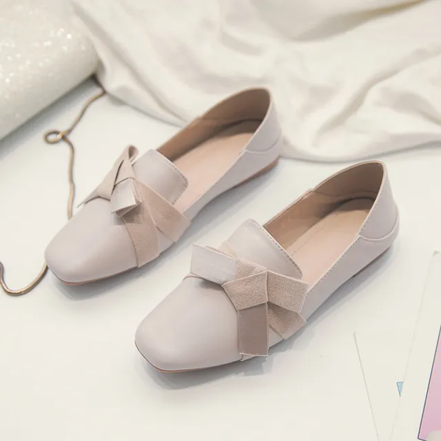 Korean Style All Match Shallow Mouth Bow Net Red Fairy Shoes Beige - Shop at LoveMi