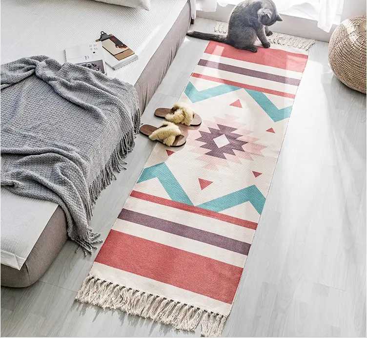 Hand Woven Cotton Linen Bohemian Rug Long