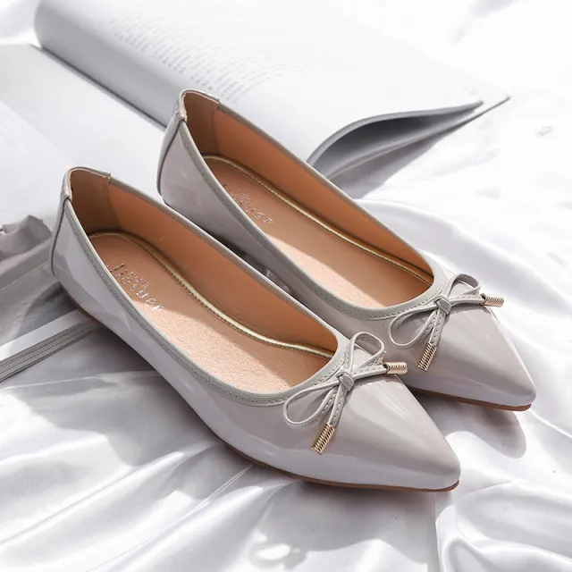 Womens Flats Shoes Pointed Toe Patent Leather Butterfly knot Gray - Shop at LoveMi