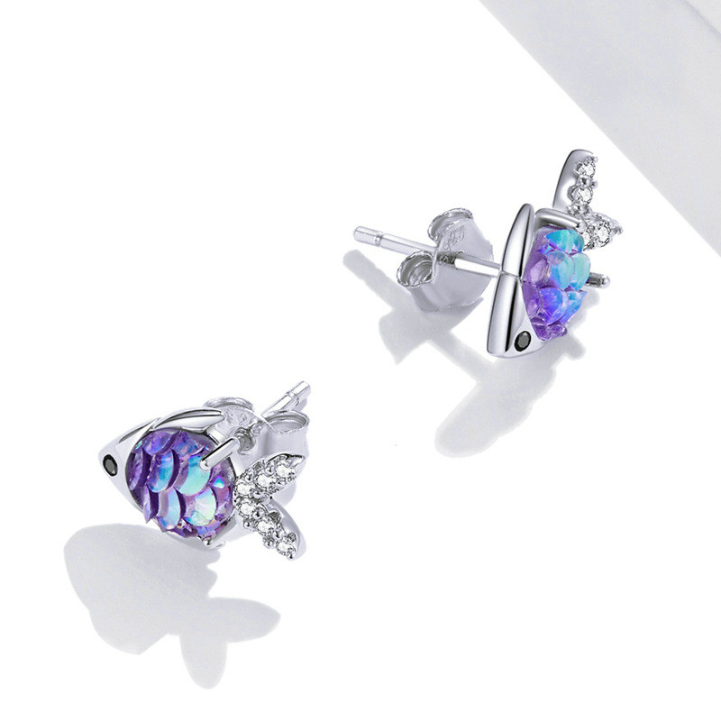 Sterling Silver Happy Fish Earrings S925 Earrings Platinum-Plated Resin Colored Zircon Marine Life Earrings
