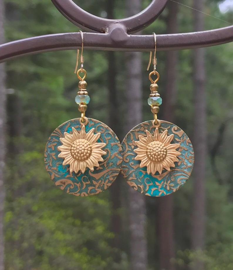 Bohemian Color Separation Double Sunflower Delicate Pattern Earrings