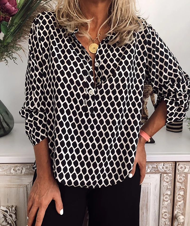 Fashion Printed Checkered Long Sleeve Button Ladies Top Shirt