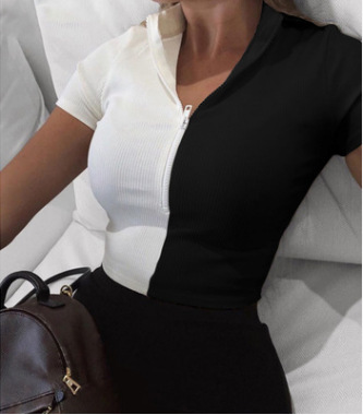 New Black And White Stitching Sexy Slim Short-Sleeved Top