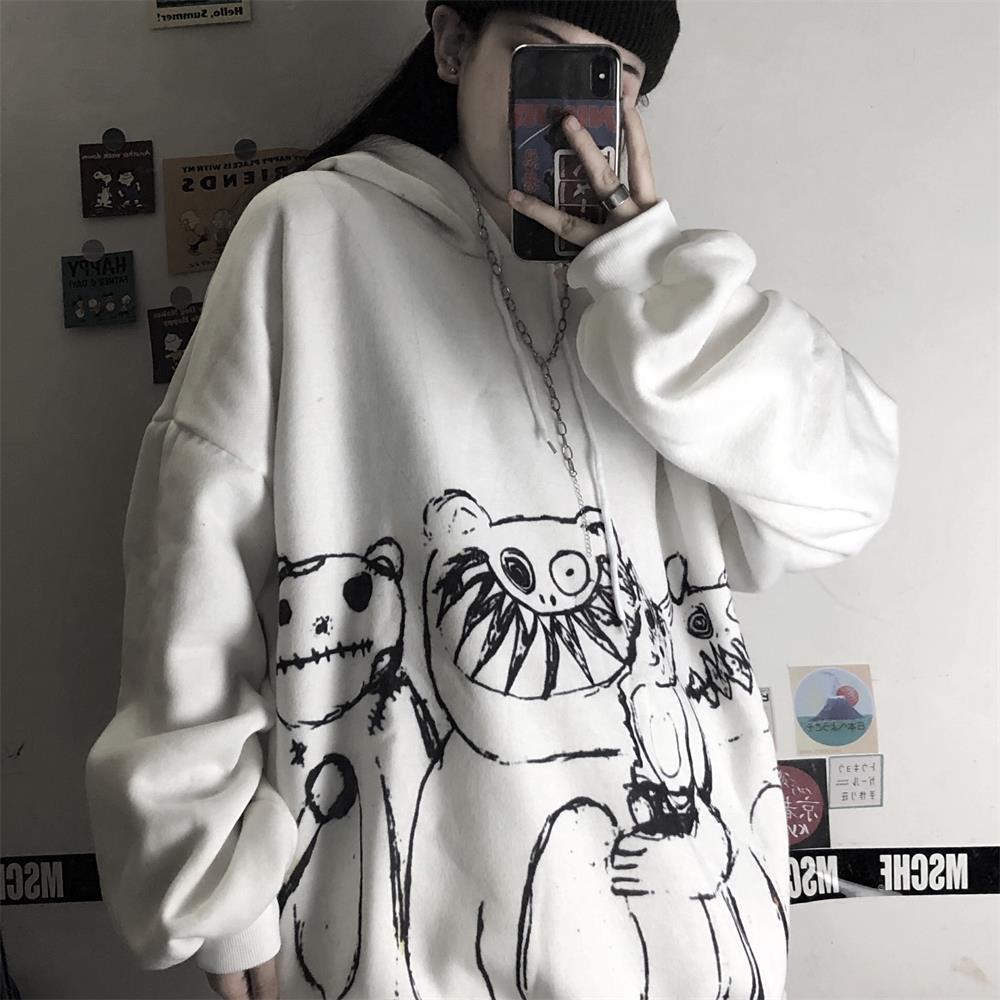 Japanese Cartoon Print Loose Plus Fleece Jacket Top