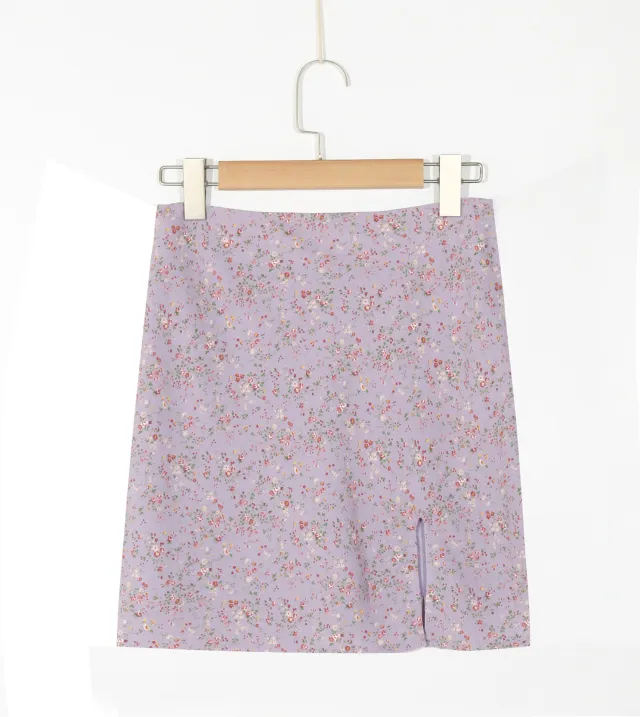 Korean Style High Waist, Long Legs, Purple Bottom Floral Slit Skirt, Short Skirt Purple - Shop at LoveMi